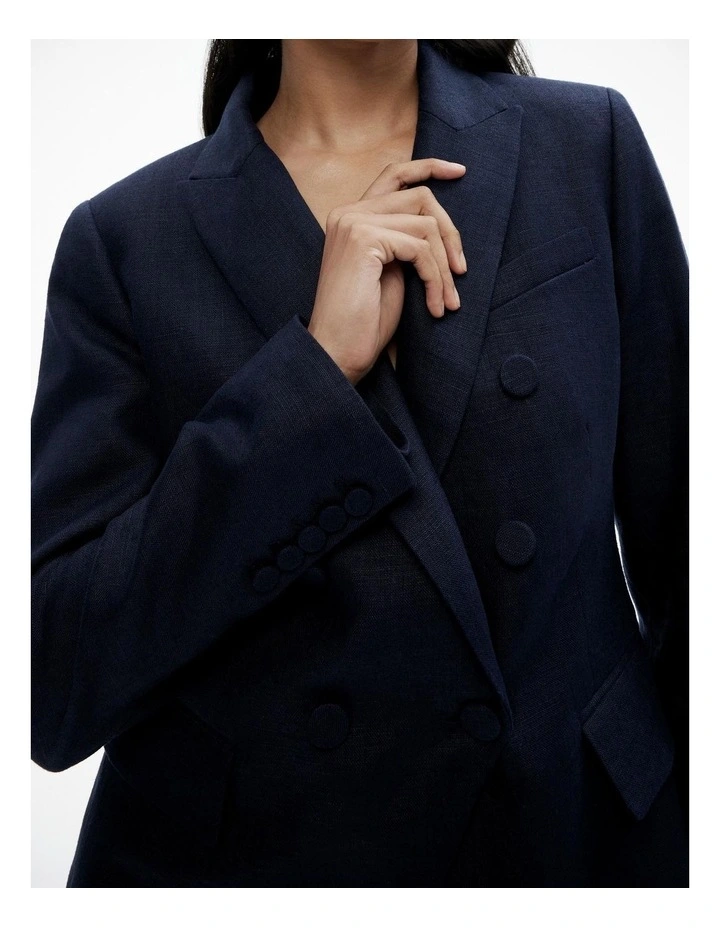 Linen Double-breasted Blazer in Blue Night