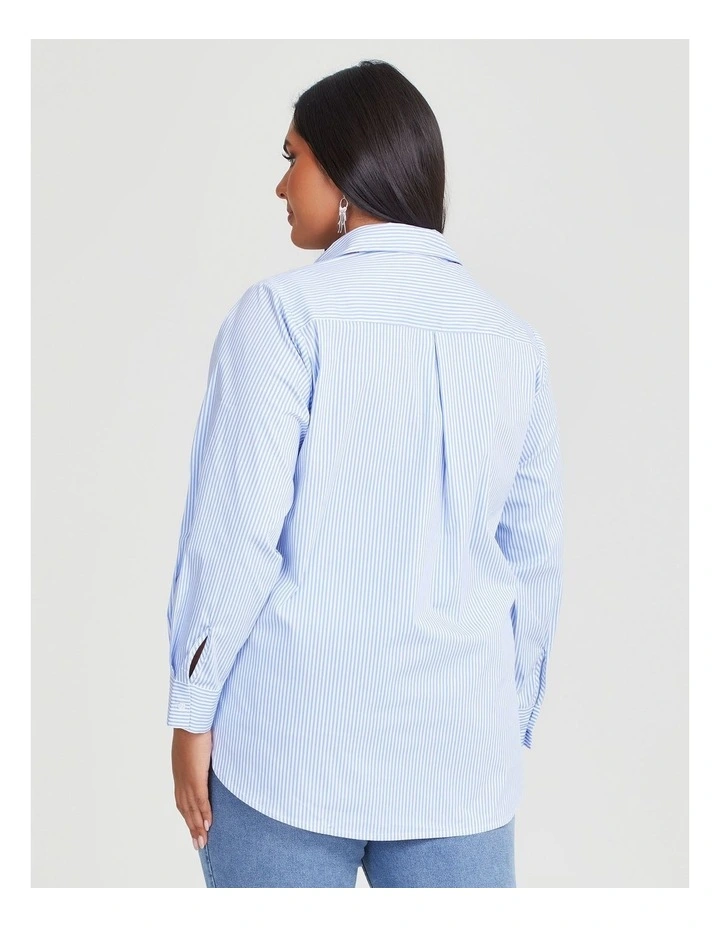 Cotton Stripe Embroidery Shirt in Powder Blue/White