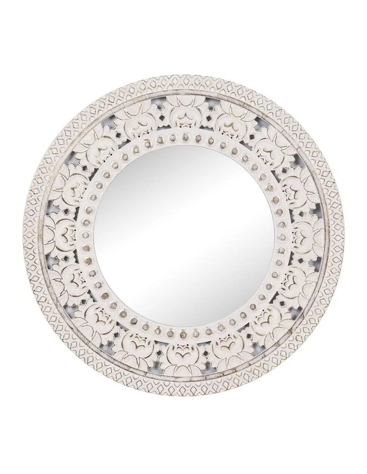 Carved Bold-Frame Designer Wall Mirror 80cm in White/Brushed Gold