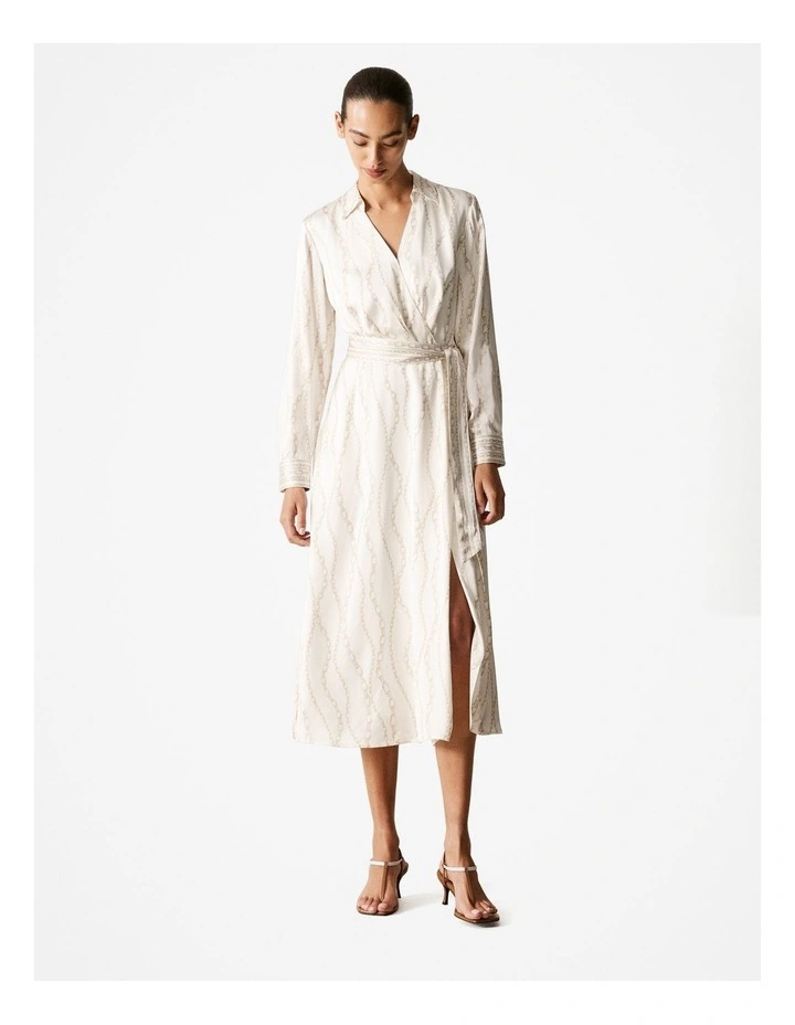Satin Chain Print Wrap Dress in Parchment