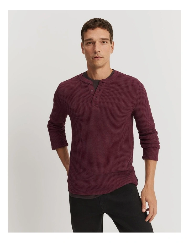Australian Cotton Blend Waffle Henley in Plum