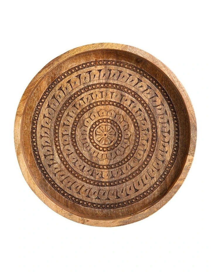 Handcrafted Round Mango Wood Mandala Tray in Natural