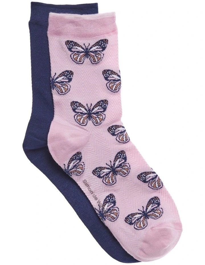 Patterned 3/4 Crew Socks 2 Pack in Butterfly Blush/Navy