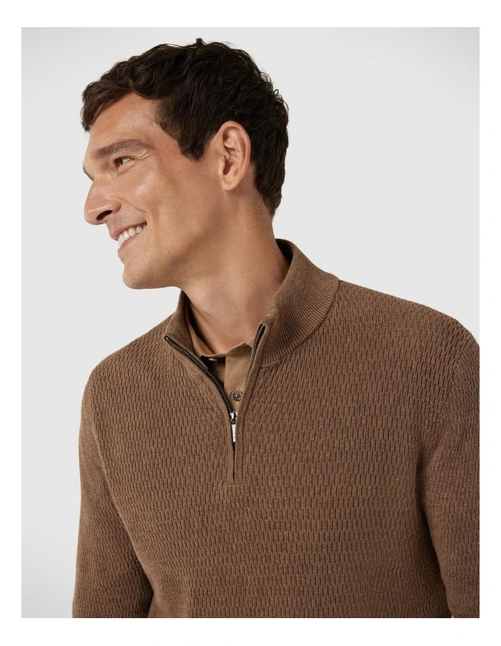 Funnel Neck Long Sleeve Knit With Honeycomb Texture Detail in Walnut