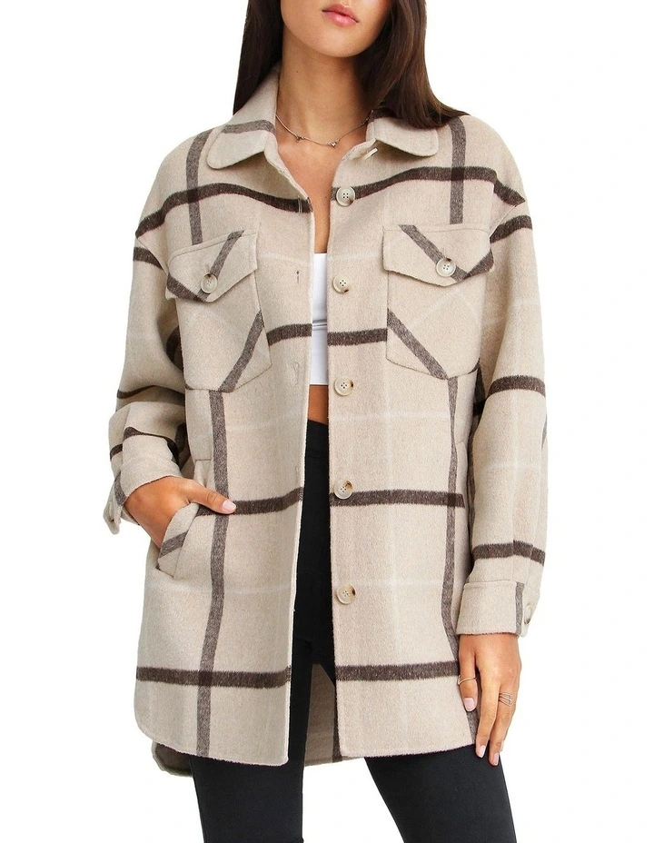 River's Edge Plaid Shacket in Beige