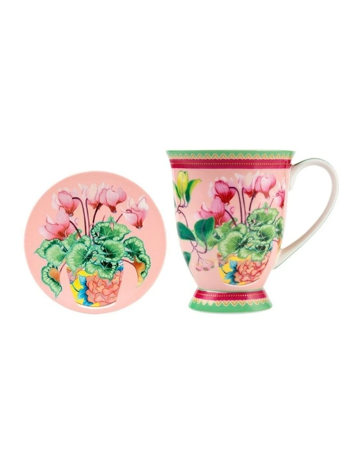 Gift Boxed Gabby Malpas Jardin Cyclamen Mug & Coaster Set 300ml in Pink