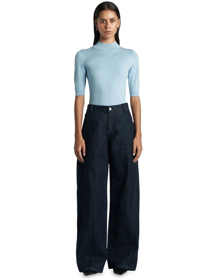 Elbow Sleeve Funnel Neck Knit in Dusty Blue