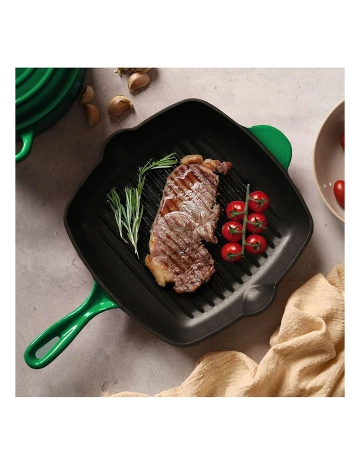 Cast Iron Square Grill Pan 28cm in Eden Green
