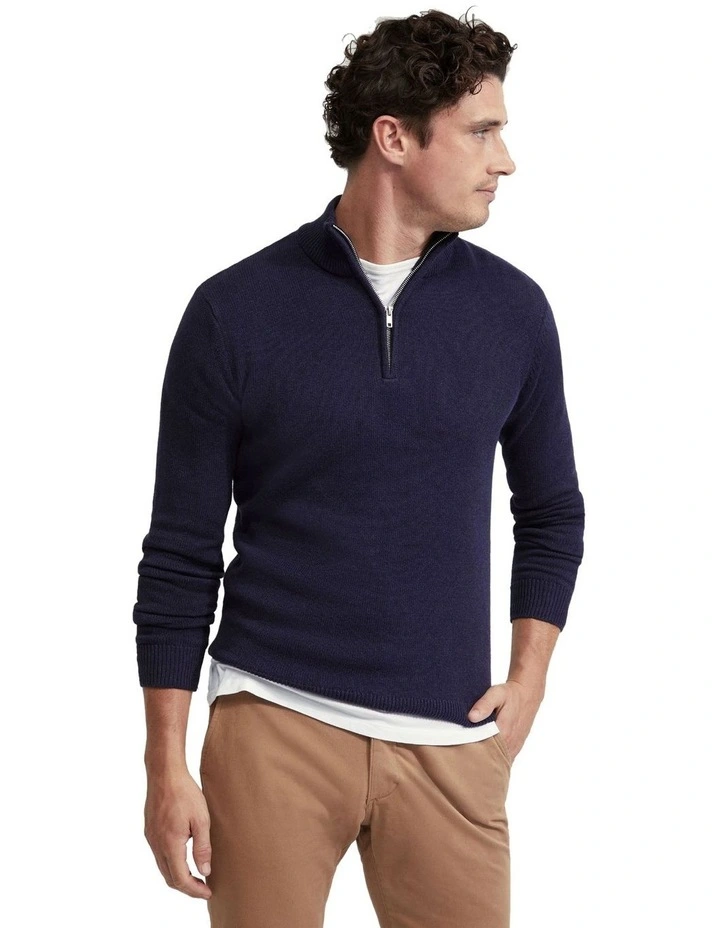 Robert Zip Neck Cotton Knit in Navy