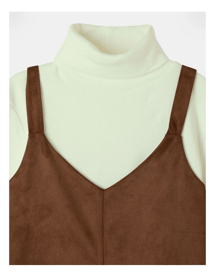 Suede A-line Pinny Dress and Rib Top Set in Brown