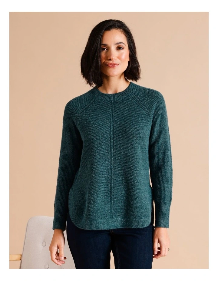 Diagonal Rib Jumper With Curved Hem In Teal