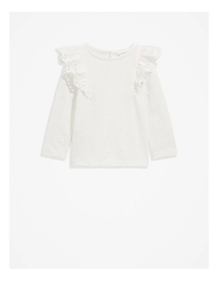 Organically Grown Cotton Broderie Frill T-shirt in Marshmallow
