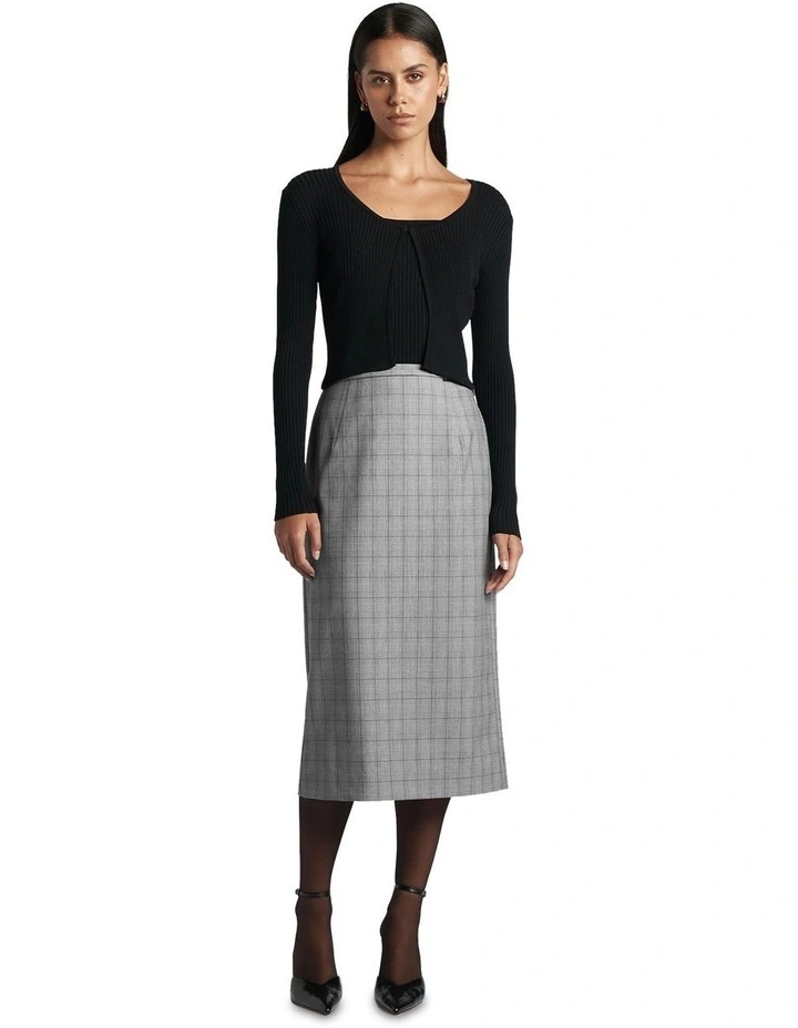 Fine Check Tailored Midi Skirt in Grey