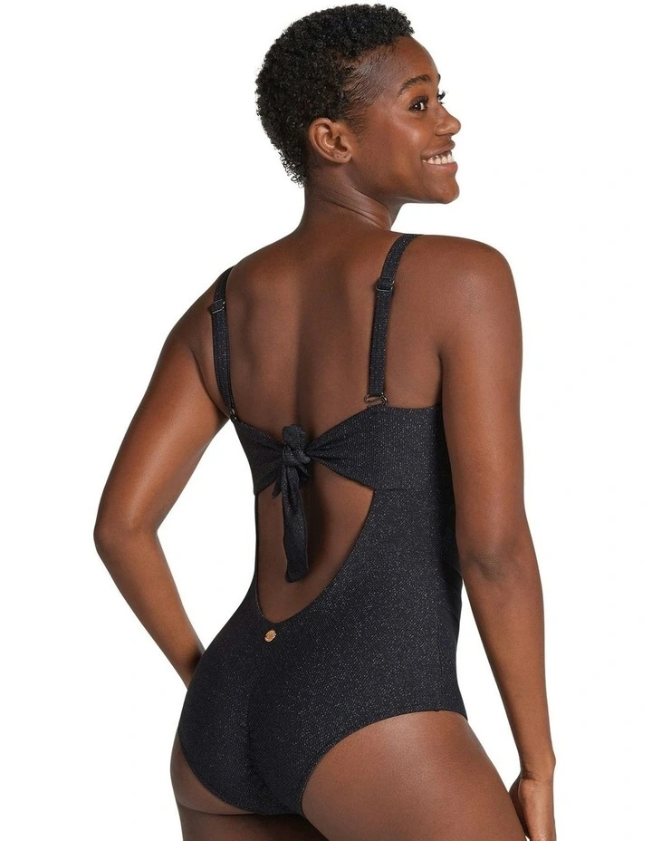 Glittery Backless Tummy Shaping One-Piece Swimsuit With Mesh in Black