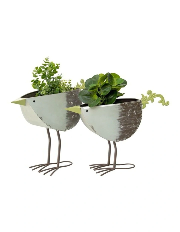 Pair of Birds Metal Planters in Multi
