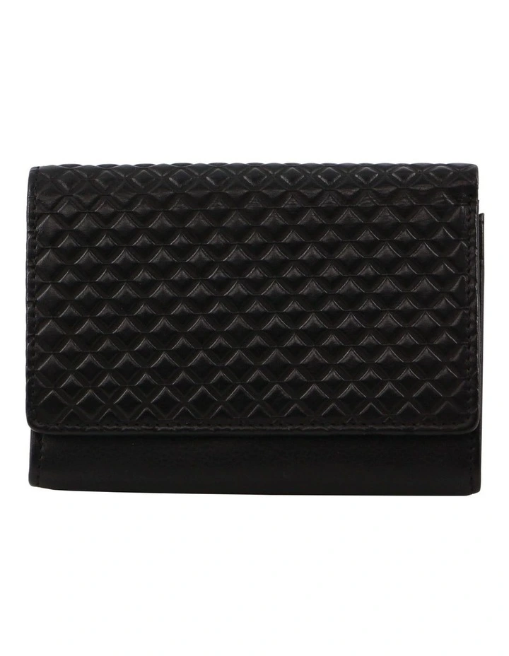 Tri-fold Diamond Pattern Emboss Leather Wallet in Black