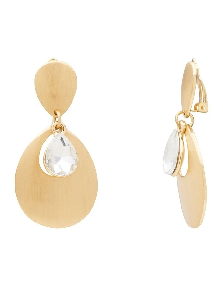 Ornate Crystal Drop Clip Earring in Crystal/Gold