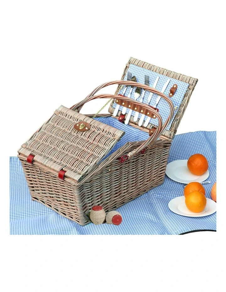 4 Person Picnic Basket Baskets Set Outdoor Blanket in Brown
