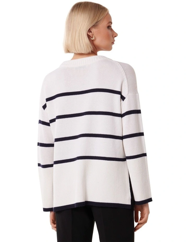 Bianca Relaxed Longline Crew Neck Jumper in Navy/Cream Stripe