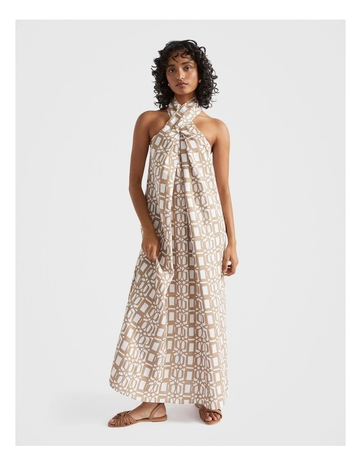 Linen Retro Maxi Dress in Beige