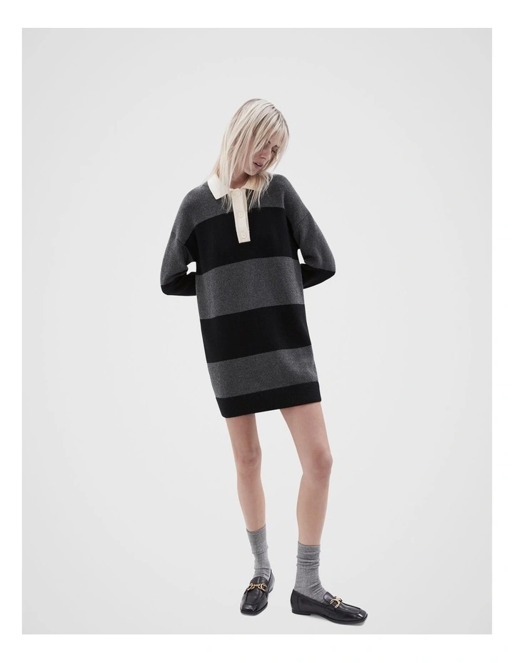 Collared Stripe Knit Dress in Black Ptnt