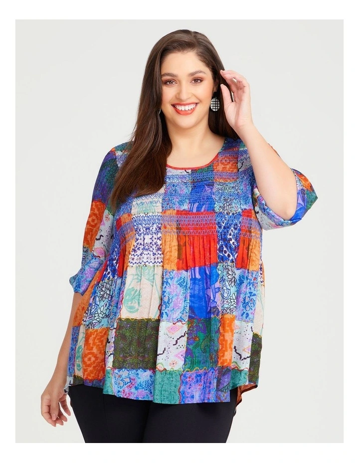 Natural Patchwork Shirring Top in Assorted