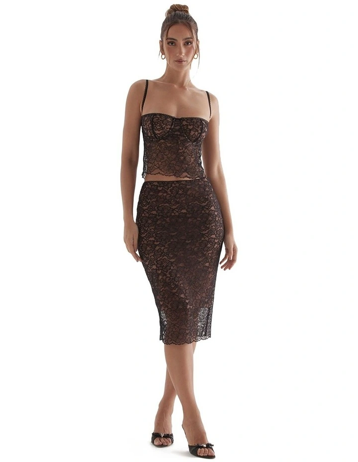 Yolanda Lace Midi Skirt in Black