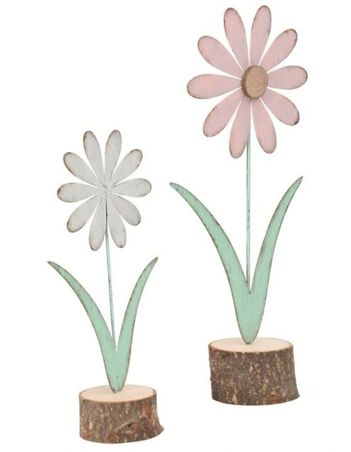 Pastel Flowers on Wood Base Figurines 2 Pack in Multi