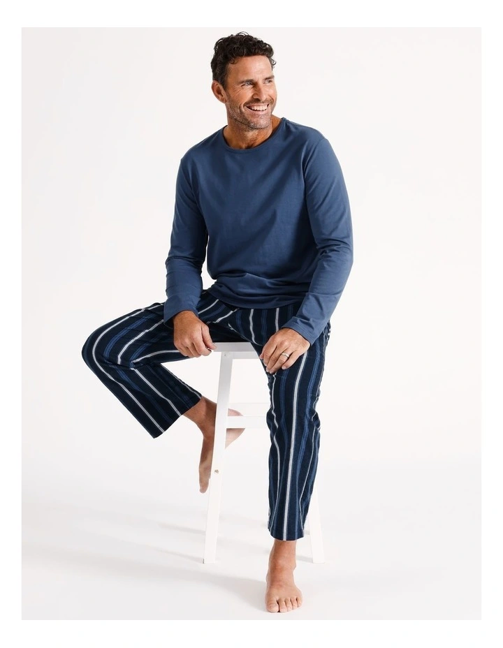 Essentials Long Sleeve Tee & Flannelette Pant PJ Set Stripe in Navy/Blue