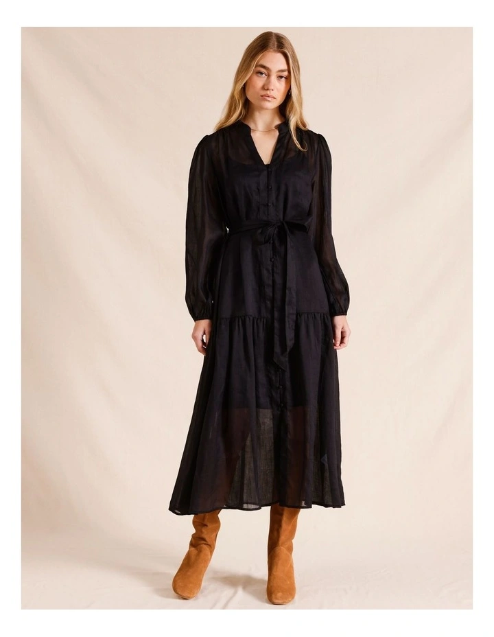 Ramie High Neck Long Sleeve Midi Dress in Black