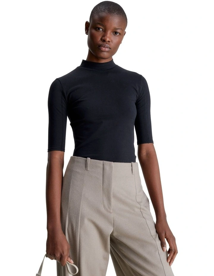 Smooth Cotton Stretch Mock Top in Black