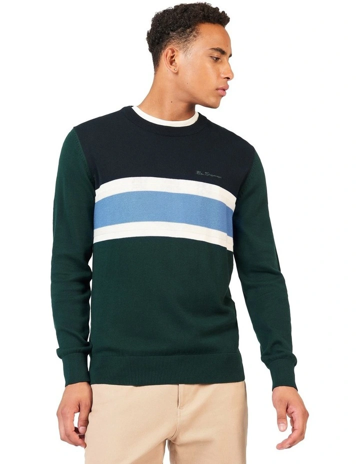 Chest Stripe Crew Knit Sweater in Green