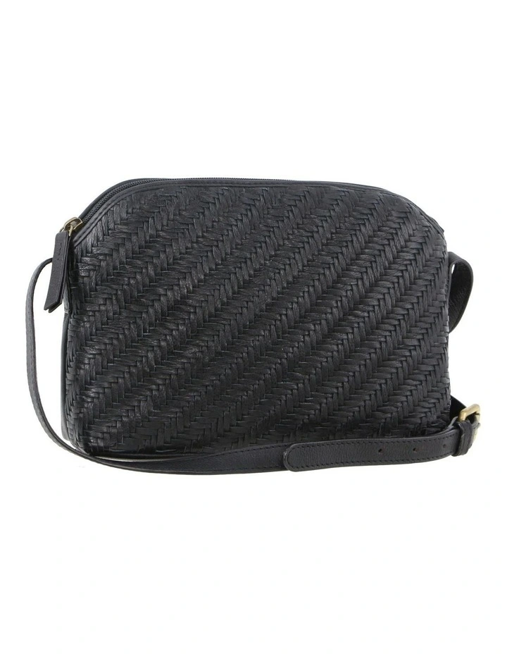 Woven Embossed Leather Cross-Body Bag in Black