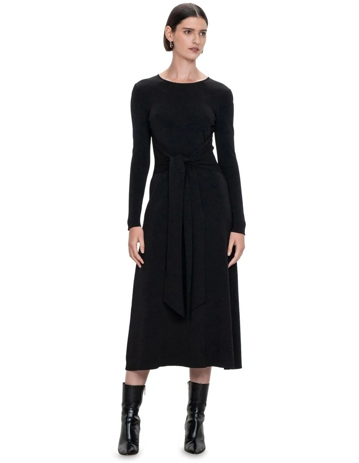 Tie Front Long Sleeve Knit Dress in Black