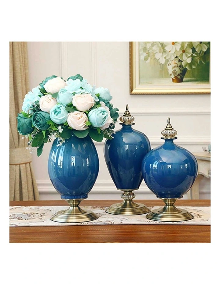 Ceramic Oval Flower Vase with Metal Base 40cm in Dark Blue/Gold