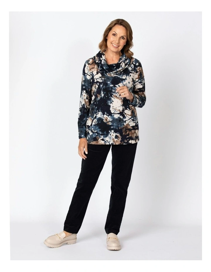 Atlas Print Cowl Long Sleeve Top in Navy