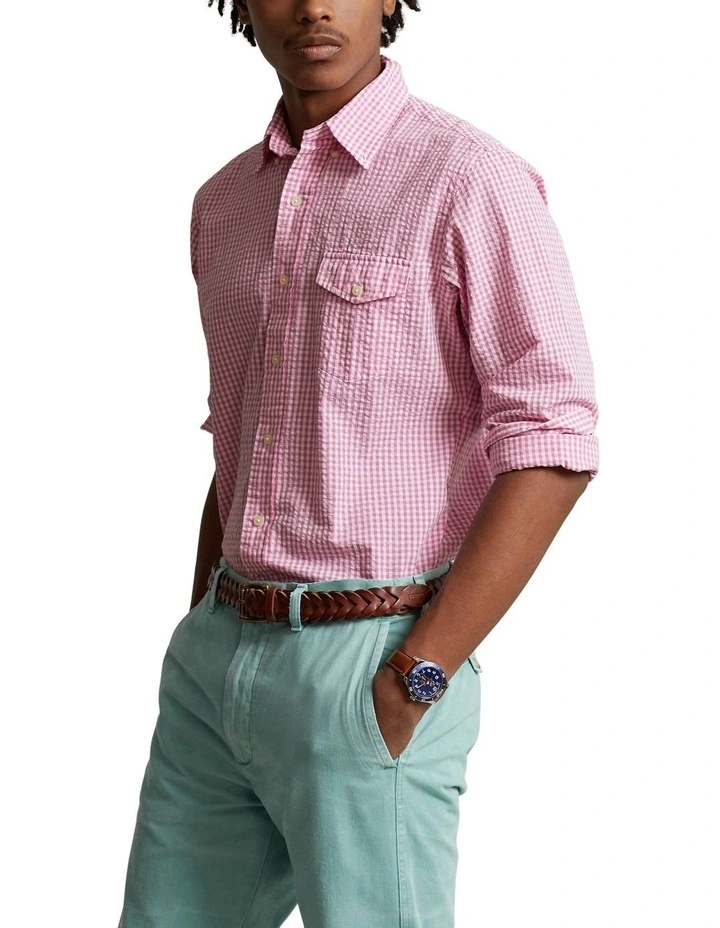 Classic Fit Gingham Seersucker Shirt in Pink