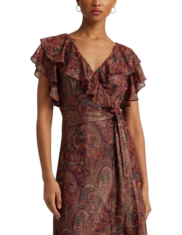 Print Ruffle Trim Metallic Chiffon Dress in Orange