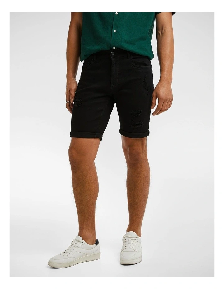 Massimo Ripped Denim Shorts in Black