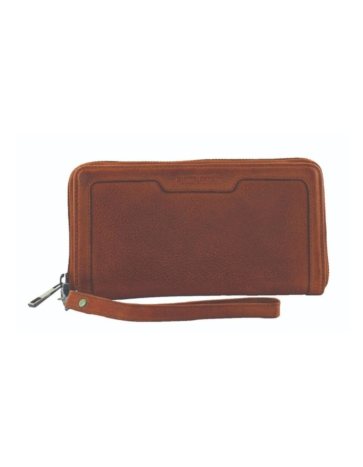 Leather Zip Around Wallet with Wristlet in Cognac