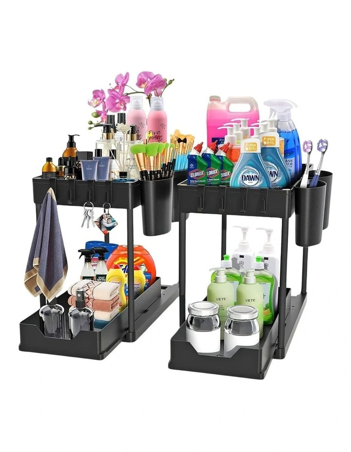 2-Tier Under Sink Kitchen Organizer Set of 2 in Black