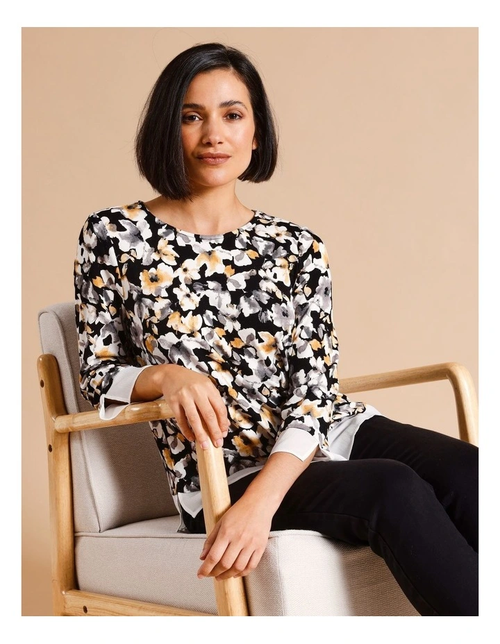 Sustainable Viscose Blend Sheer Trim 3/4 Sleeve Tee in Ochre/Black Floral