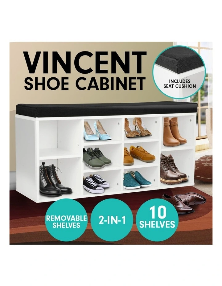 Shoe Rack Cabinet Organiser Black Cushion 104 x 30 x 48 White