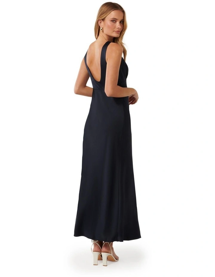 Cameron V Neck Satin Maxi Dress in Navy