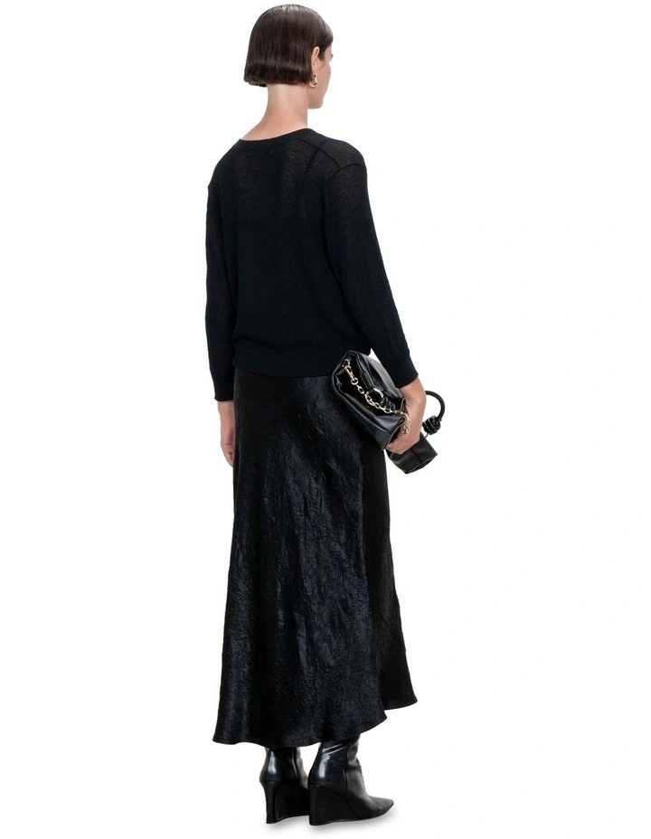 Crushed Satin Bias Skirt in Black