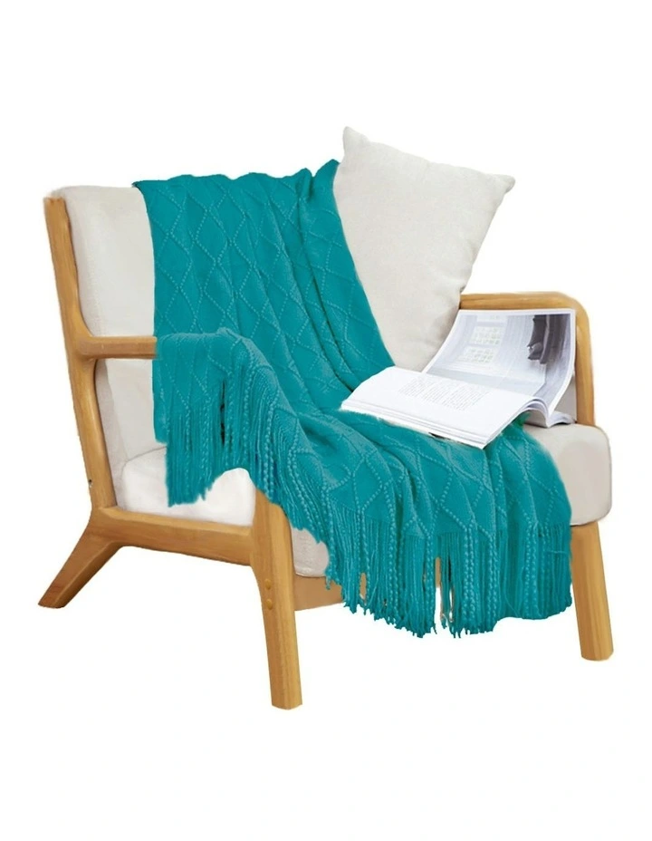Diamond Pattern Knitted Throw With Tassels in Teal