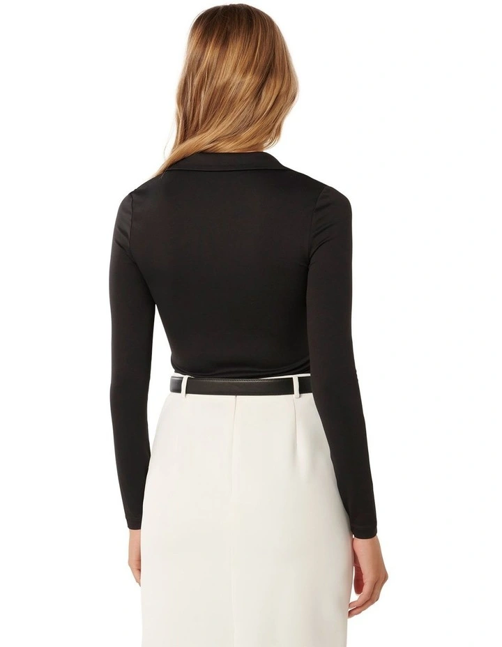 Jaycie Collared Polo Long Sleeves Top in Black