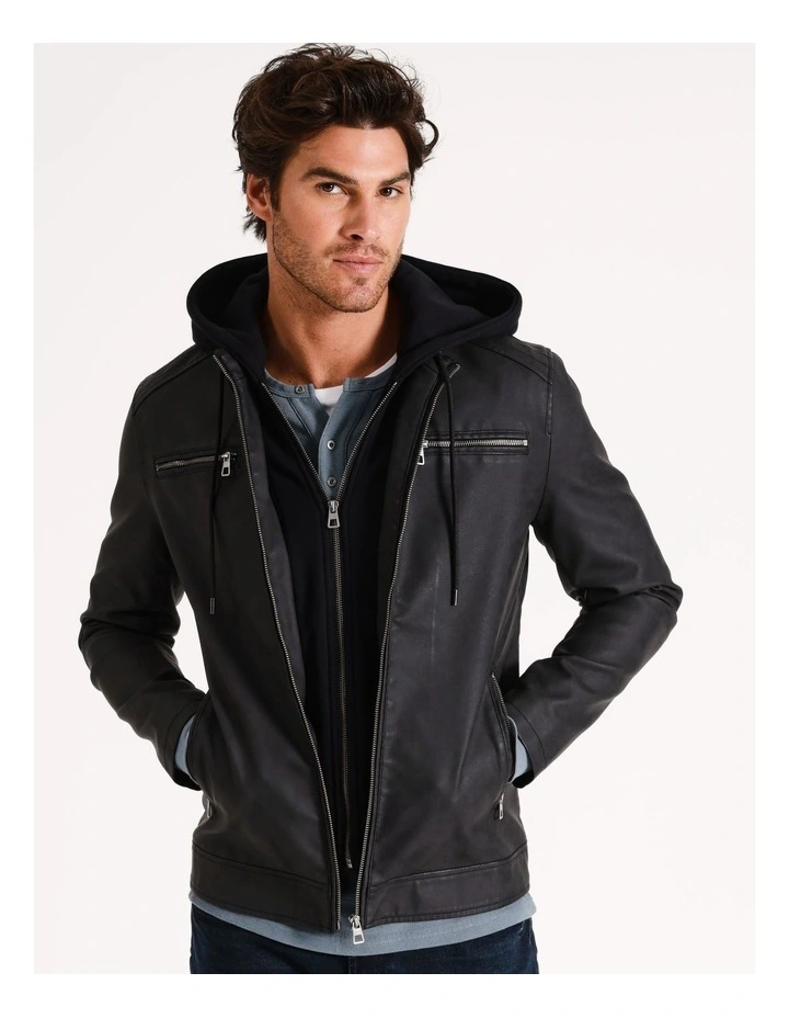 Portsea PU Hooded Jacket in Black
