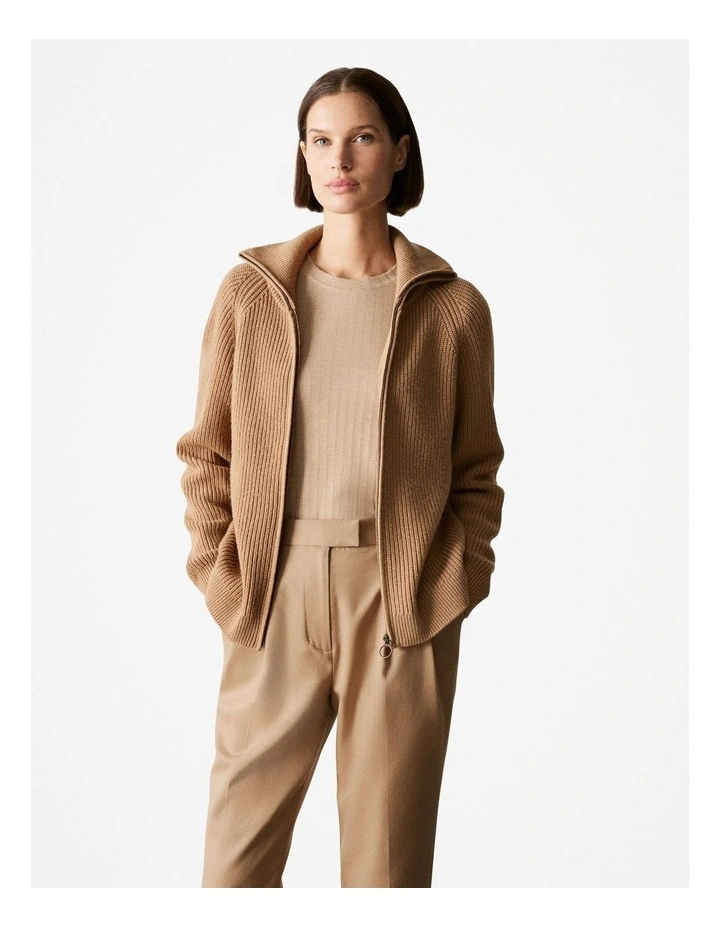 Wool Yak Rib Zip Through Cardigan in Camel
