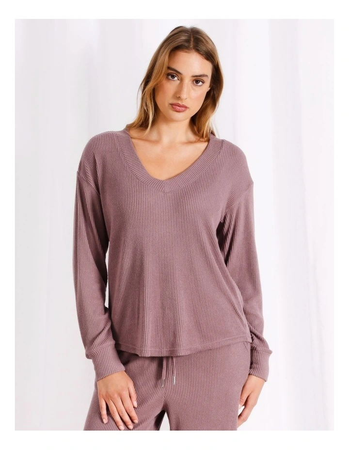 Ribbed V-Neck Long Sleeve Top in Brown